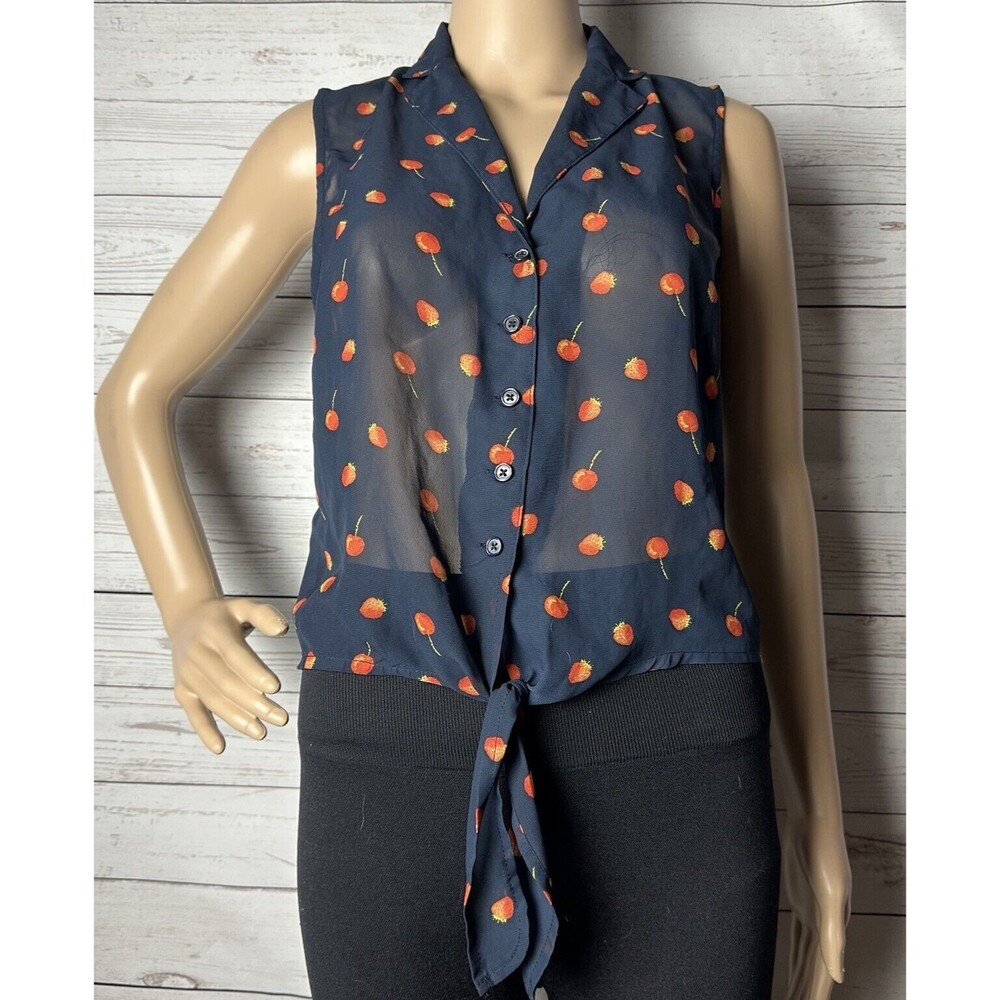 Y2k Black Poppy Sleeveless Blouse Cherry Strawberry Print